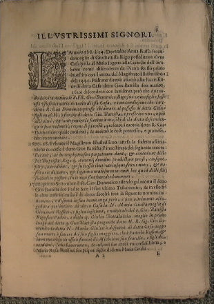 Ragioni del ricordo fatto dal N. Federico Rigo innanzi i magistrato illustrissimo de Signori protettori di S. Giorgiocontro la sentenza del Magistrato illustrissimo del 1444 fatta contro esso a favore