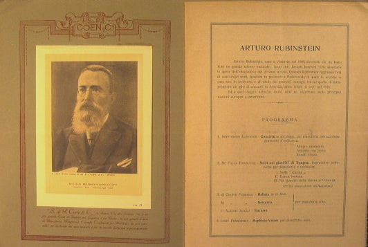 Augusteo. Municipio di Roma e Regia Accademia di S.Cecilia. Stagione 1923-24 XXIII concerto 5 Marzo 1924, concerto del pianista Arturo Rubinstein. Orchestra sotto la direzione di Bernardino Molinari.