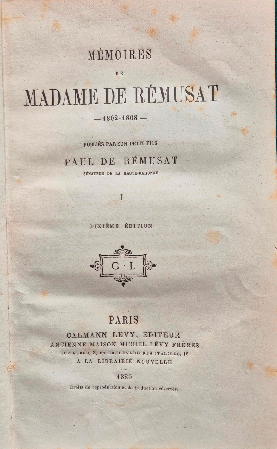 Memoires de Madame De Remusat (tomo primo)