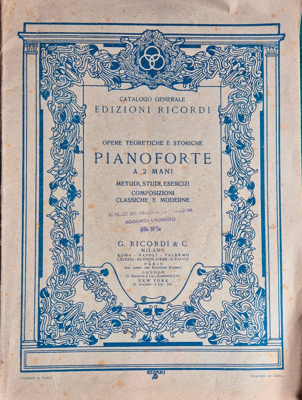 Catalogo generale Edizioni Ricordi - Opere teoretiche e storiche Pianoforte a 2 mani - Fascicolo I - Giugno 1935