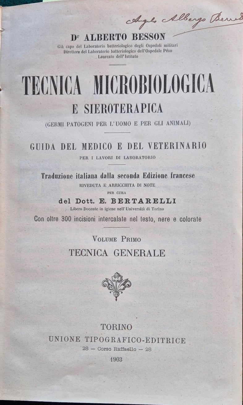 Tecnica microbiologica e sieroterapica (germi patogeni per l'uomo e per gli animali)