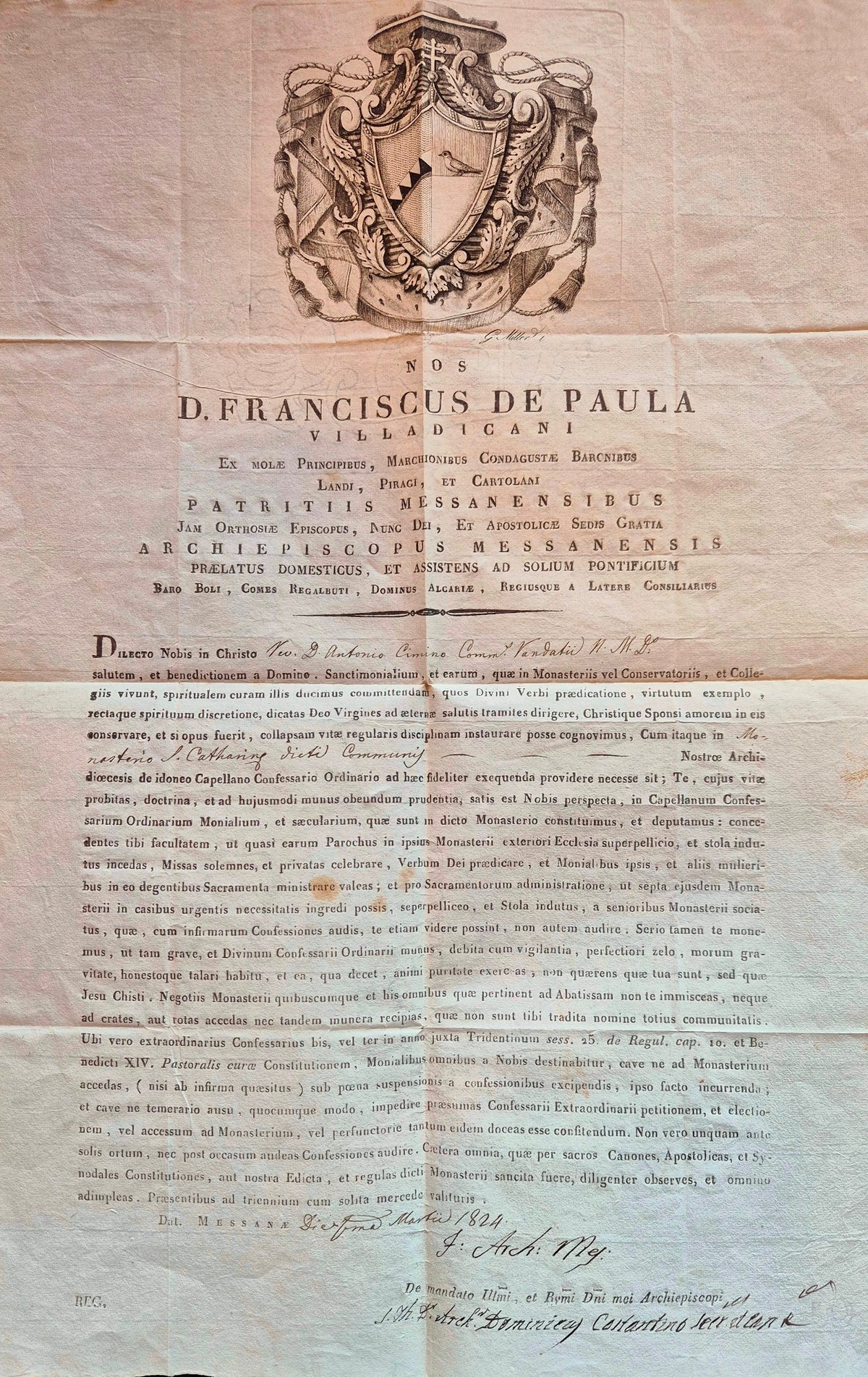 Documento originale su carta del 1824. Nomina di un confessore per il Monastero di S. Caterina a Messina, a firma dell'Arcivescovo Francesco di Paola Villadicani