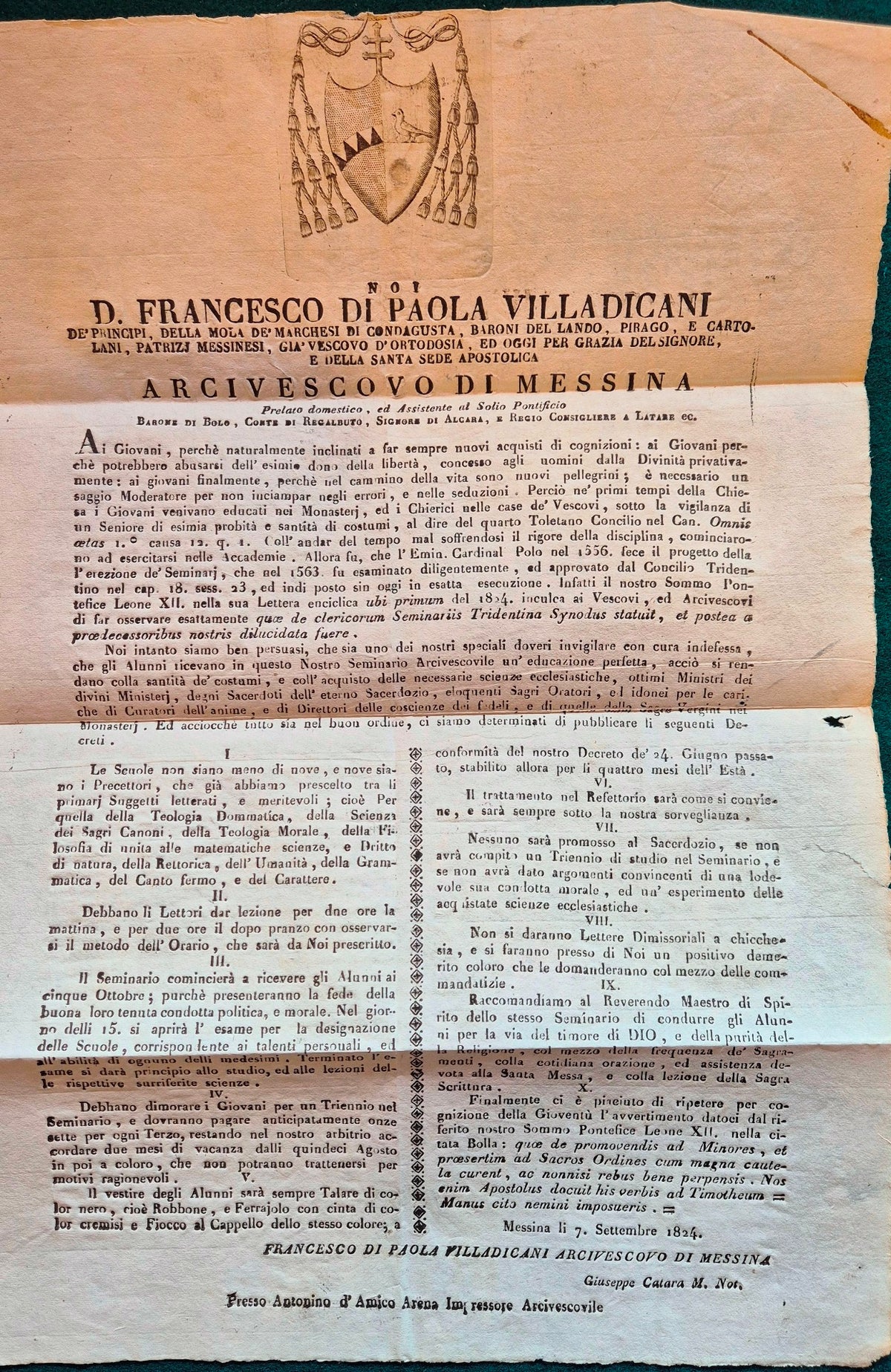 Editto originale del 1824 a firma dell'Arcivescovo di Messina Francesco di Paola Villadicani per il funzionamento del Seminario Arcivescovile di Messina
