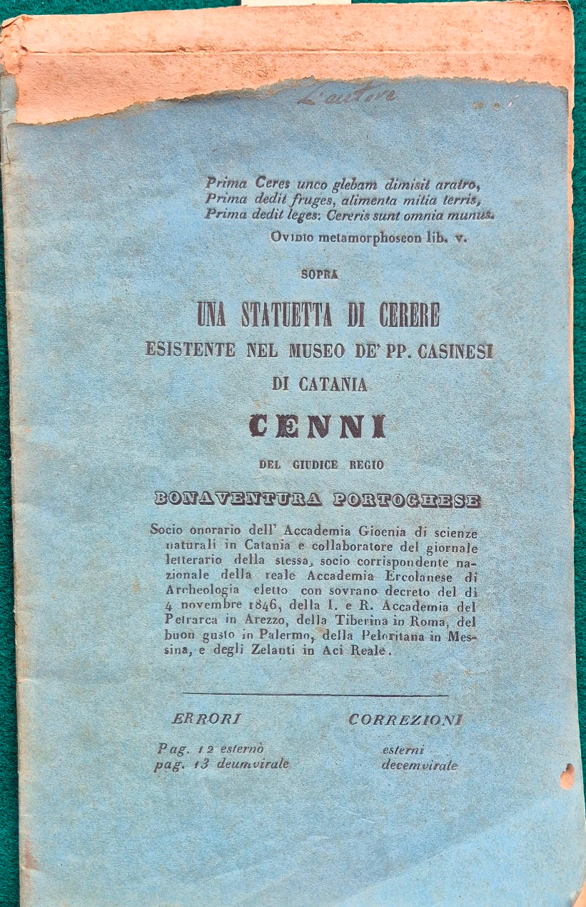 Sopra una statuetta di Cerere esistente nel museo de' PP. Casinesi di Catania
