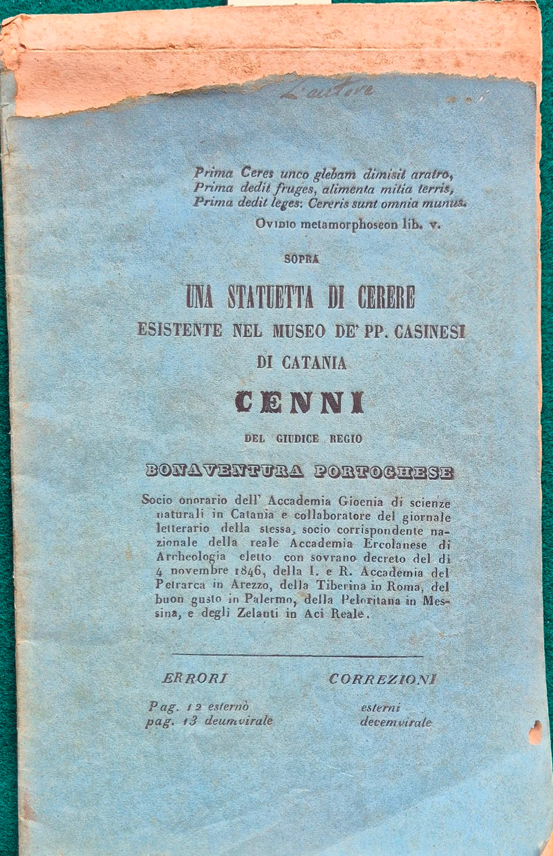 Sopra una statuetta di Cerere esistente nel museo de' PP. Casinesi di Catania