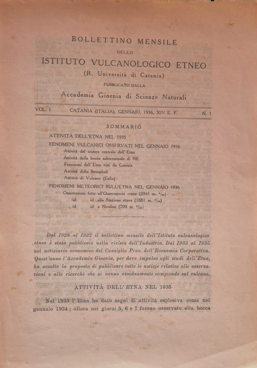 Bollettino mensile dello Istituto Vulcanologico Etneo. Vol. I - Gennaio 1936 - N. 1