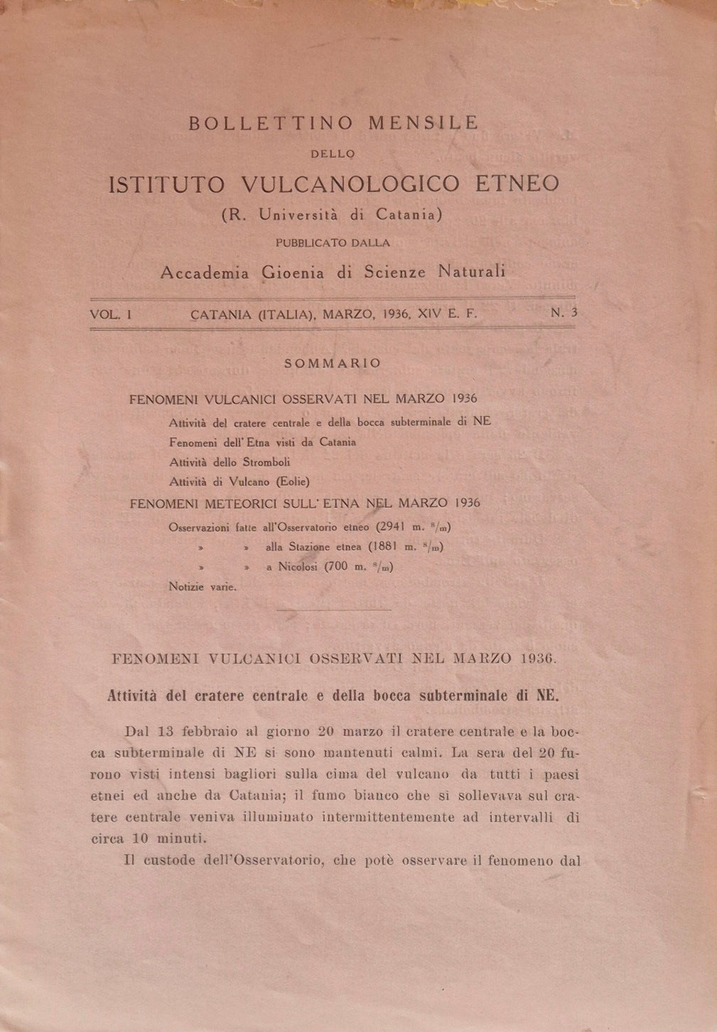 Bollettino mensile dello Istituto Vulcanologico Etneo. Vol. I - Marzo 1936 - N. 3