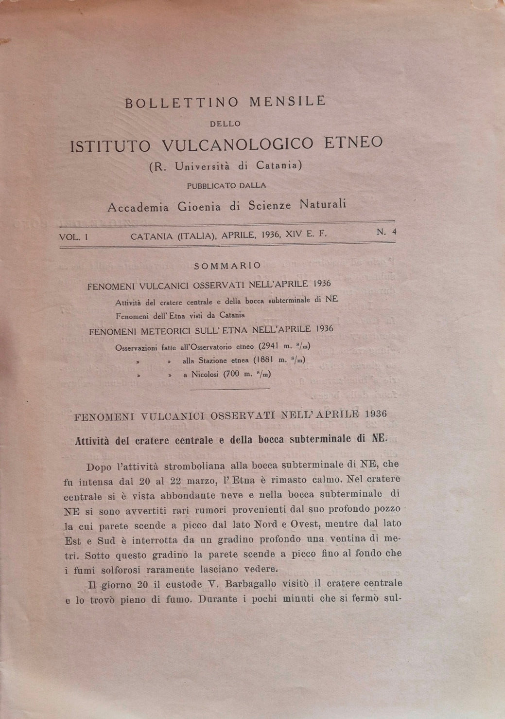 Bollettino mensile dello Istituto Vulcanologico Etneo. Vol. I - Aprile 1936 - N. 4