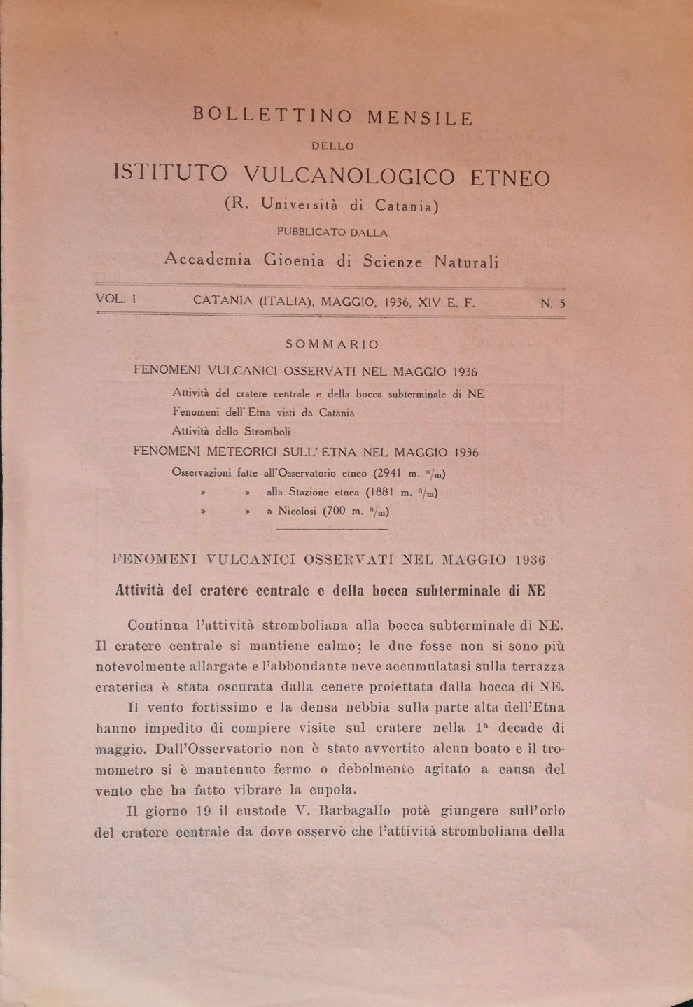 Bollettino mensile dello Istituto Vulcanologico Etneo. Vol. I - Maggio 1936 - N. 5