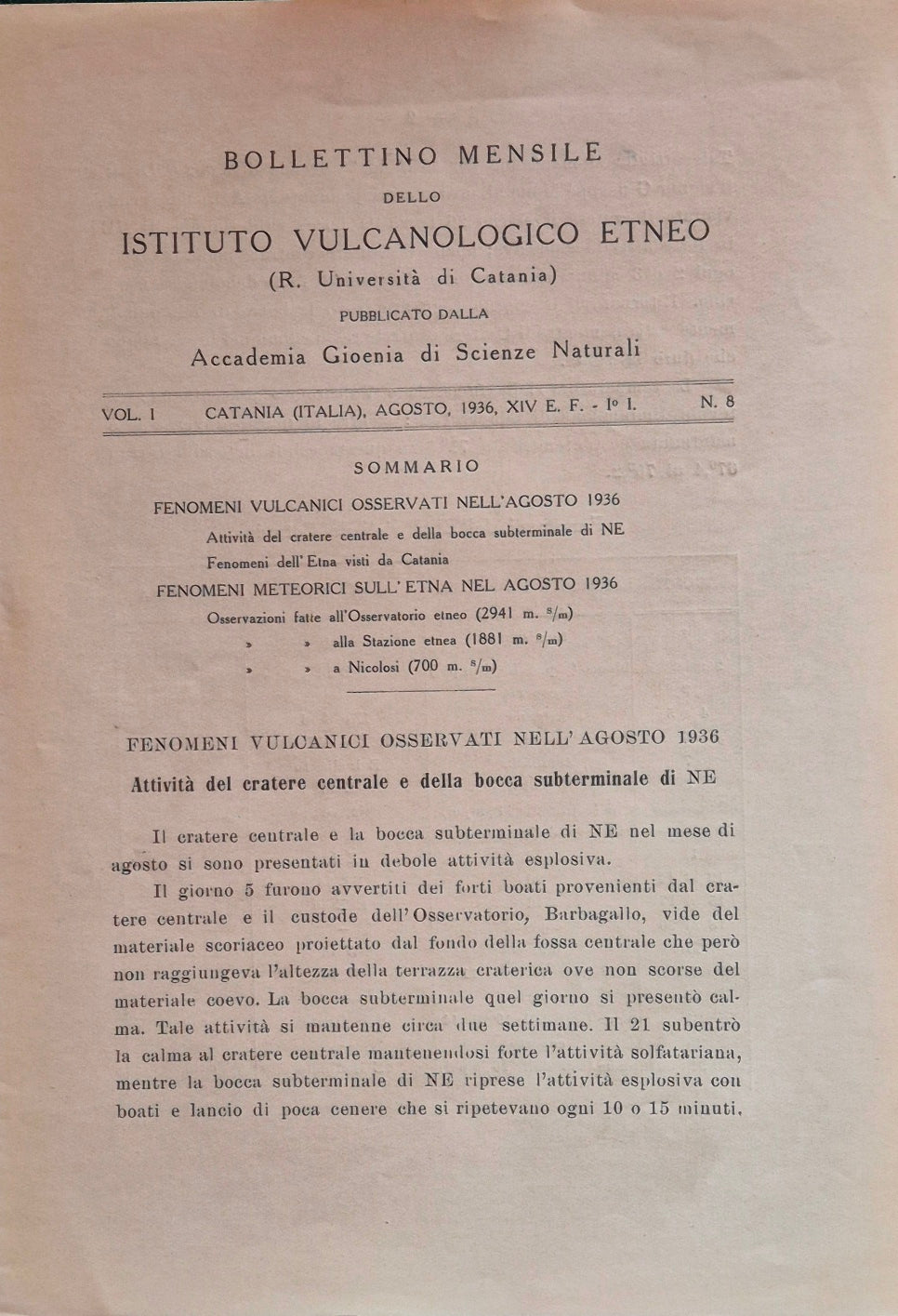 Bollettino mensile dello Istituto Vulcanologico Etneo. Vol. I - Agosto 1936 - N. 8