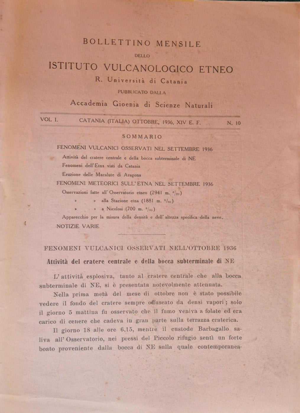 Bollettino mensile dello Istituto Vulcanologico Etneo. Vol. I - Ottobre 1936 - N. 10
