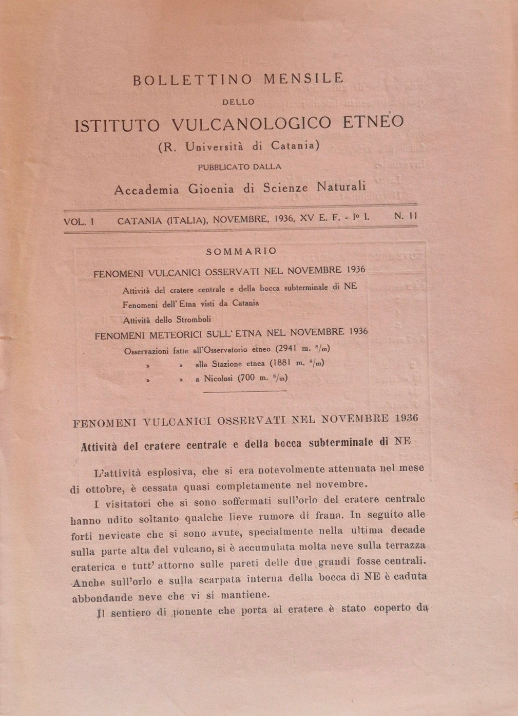 Bollettino mensile dello Istituto Vulcanologico Etneo. Vol. I - Novembre 1936 - N. 11