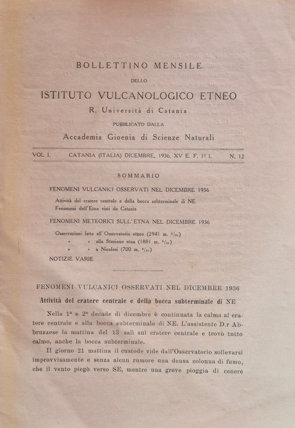 Bollettino mensile dello Istituto Vulcanologico Etneo. Vol. I - Dicembre 1936 - N. 12