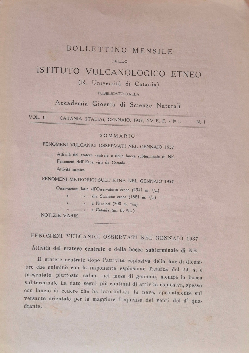 Bollettino mensile dello Istituto Vulcanologico Etneo. Vol. II - Gennaio 1937 - N. 1