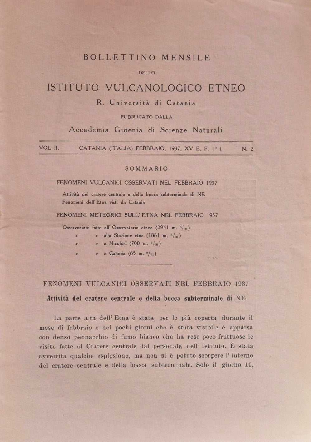 Bollettino mensile dello Istituto Vulcanologico Etneo. Vol. II - Febbraio 1937 - N. 2