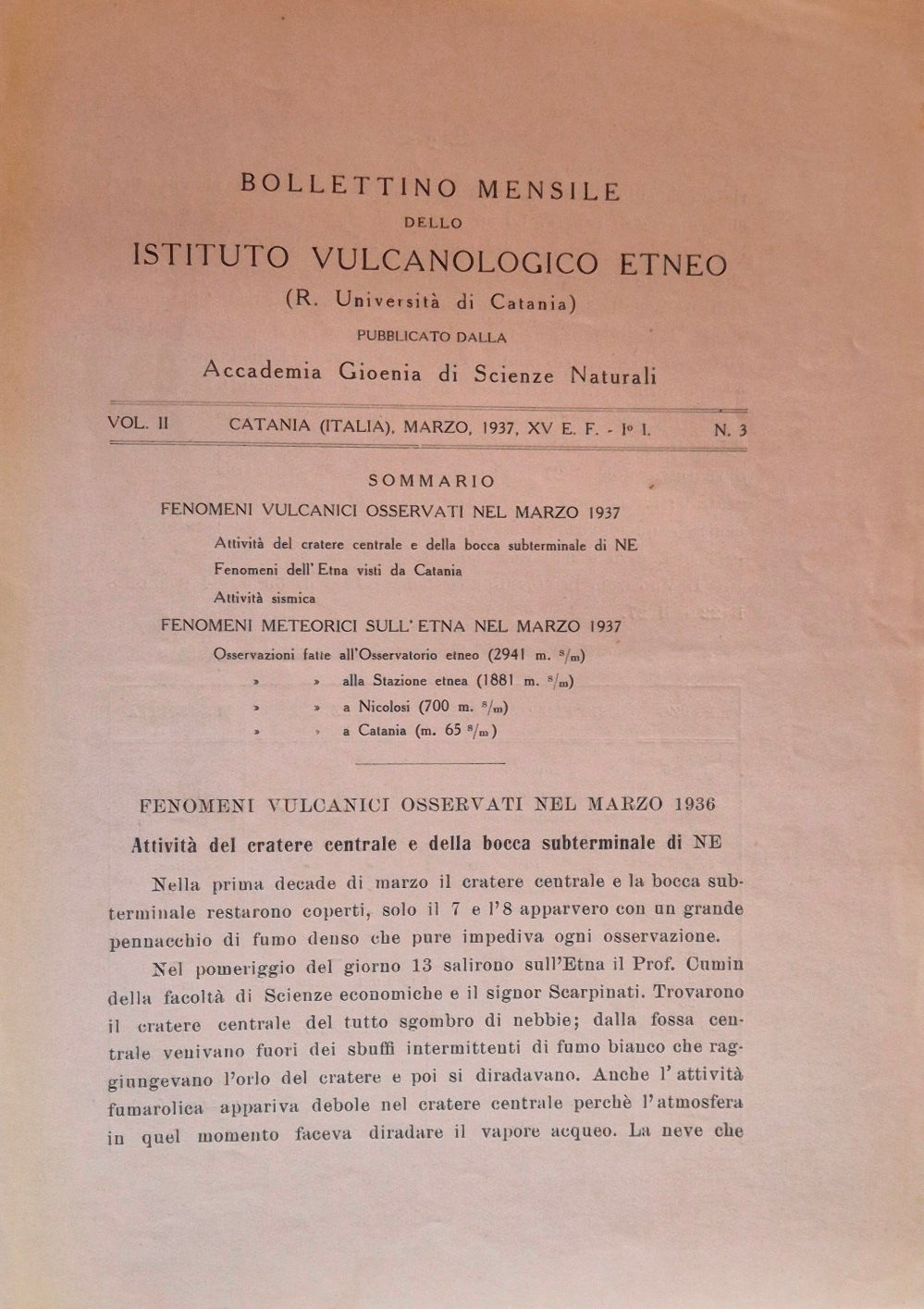 Bollettino mensile dello Istituto Vulcanologico Etneo. Vol. II - MArzo 1937 - N. 3