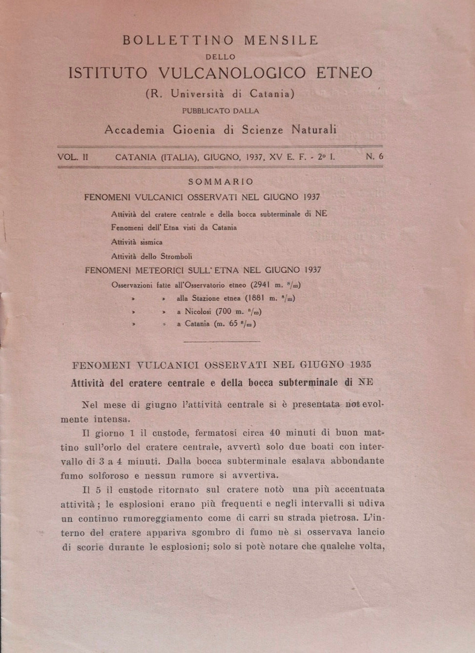 Bollettino mensile dello Istituto Vulcanologico Etneo. Vol. II - Giugno 1937 - N. 6