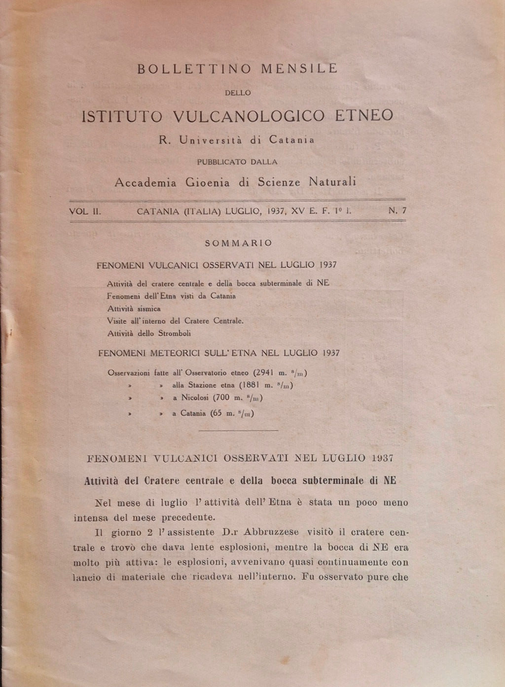 Bollettino mensile dello Istituto Vulcanologico Etneo. Vol. II - Luglio 1937 - N. 7
