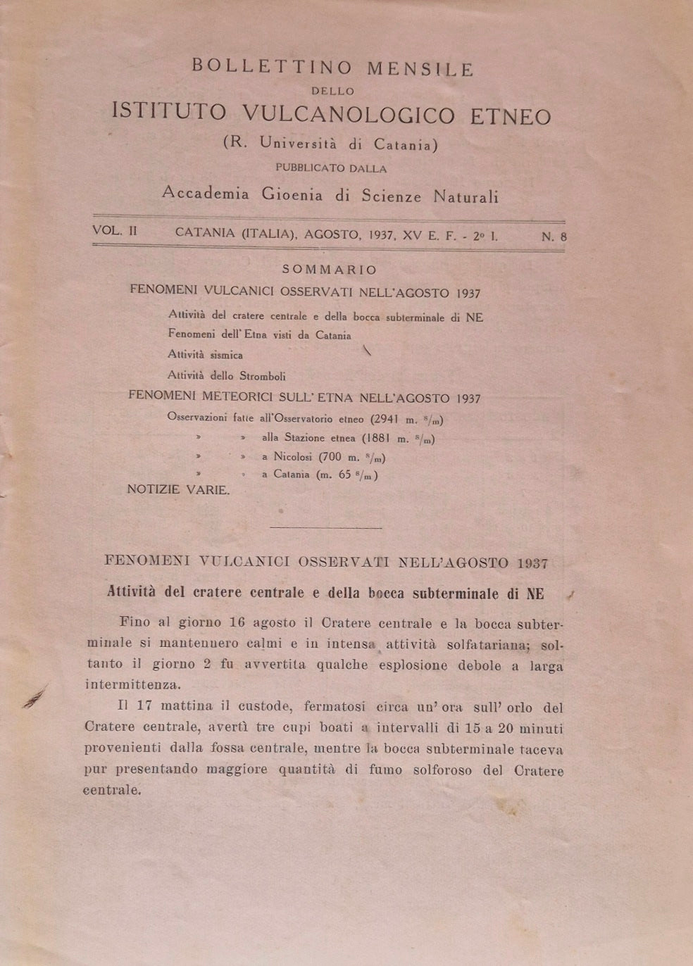 Bollettino mensile dello Istituto Vulcanologico Etneo. Vol. II - Agosto 1937 - N. 8