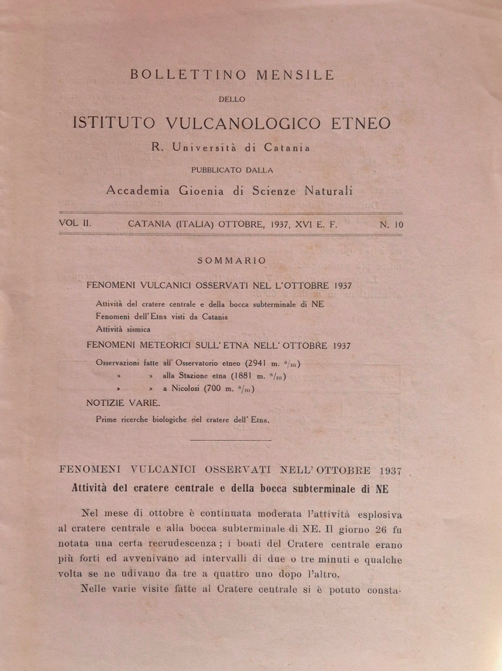 Bollettino mensile dello Istituto Vulcanologico Etneo. Vol. II - Ottobre 1937 - N. 10