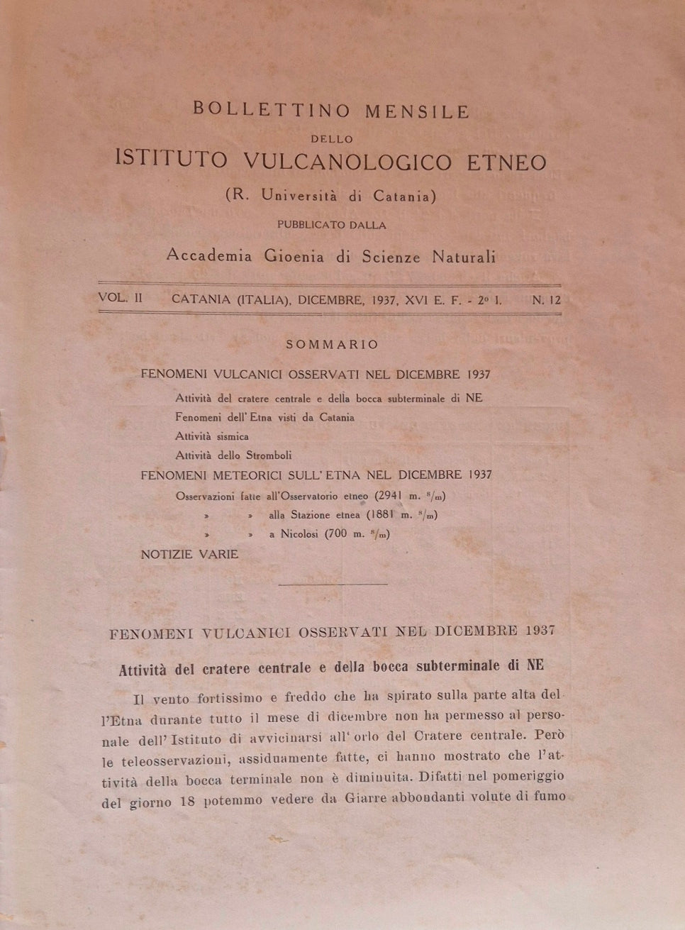 Bollettino mensile dello Istituto Vulcanologico Etneo. Vol. II - Dicembre 1937 - N. 12