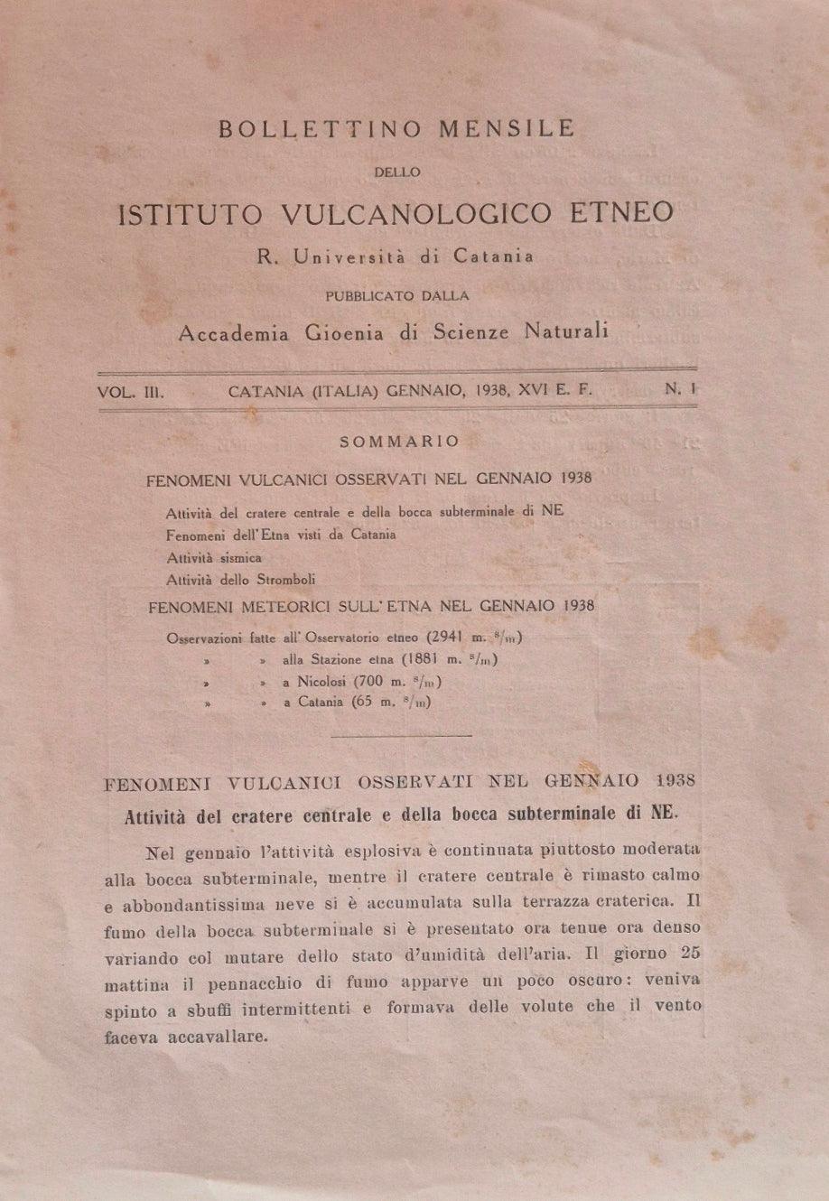 Bollettino mensile dello Istituto Vulcanologico Etneo. Vol. III - Gennaio 1938 - N. 1