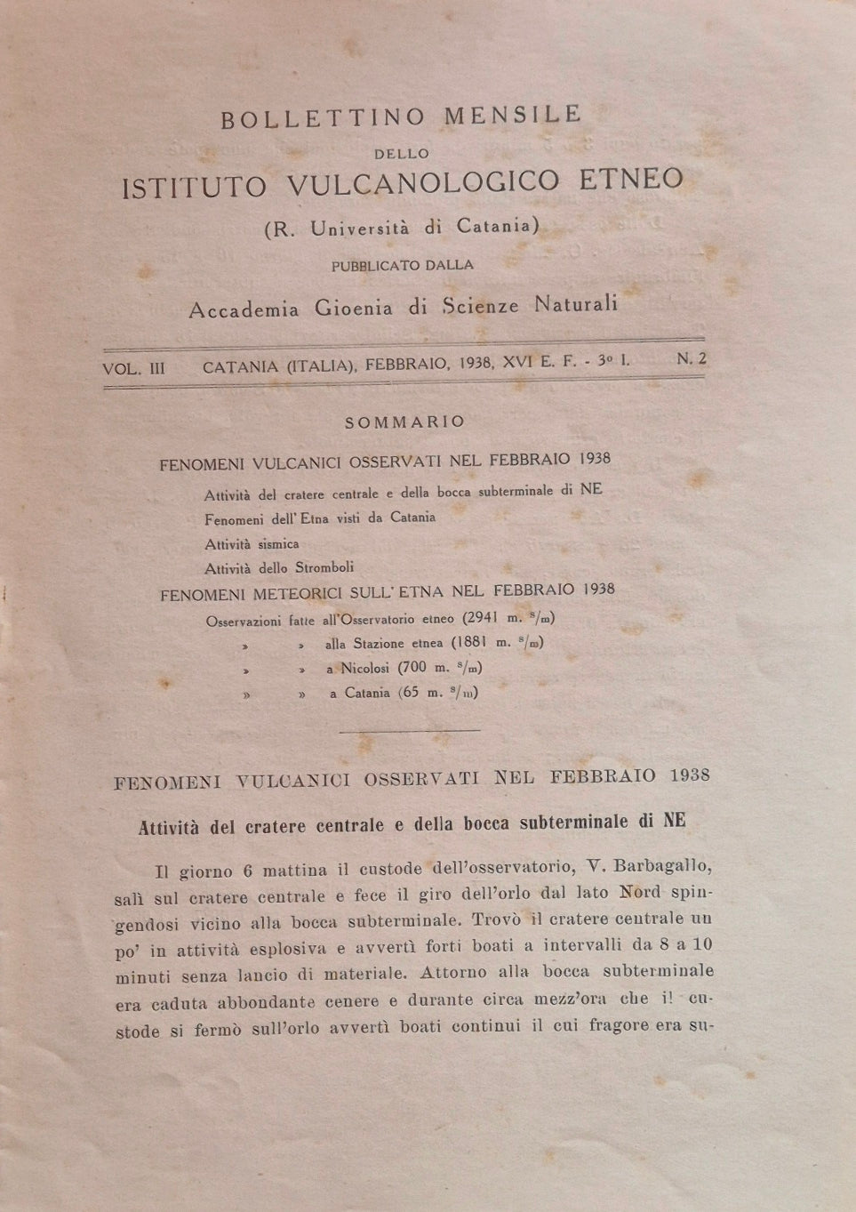 Bollettino mensile dello Istituto Vulcanologico Etneo. Vol. III - Febbraio 1938 - N. 2