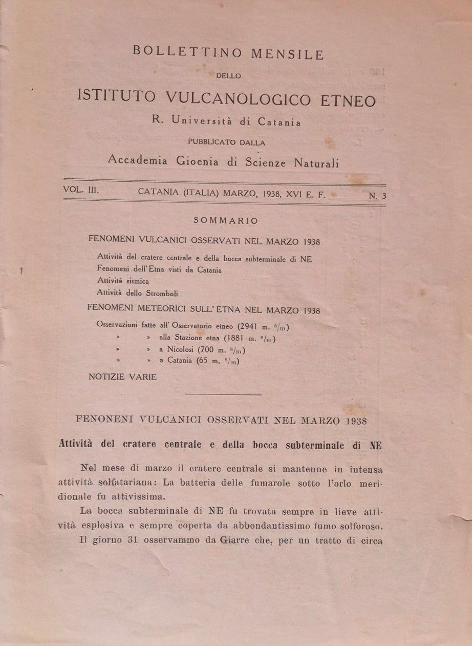 Bollettino mensile dello Istituto Vulcanologico Etneo. Vol. III - Marzo 1938 - N. 3