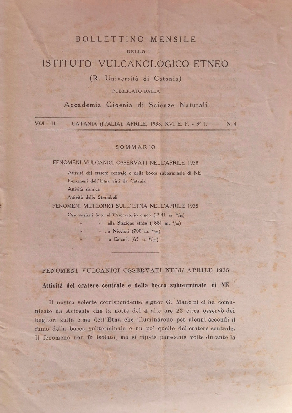 Bollettino mensile dello Istituto Vulcanologico Etneo. Vol. III - Aprile 1938 - N. 4