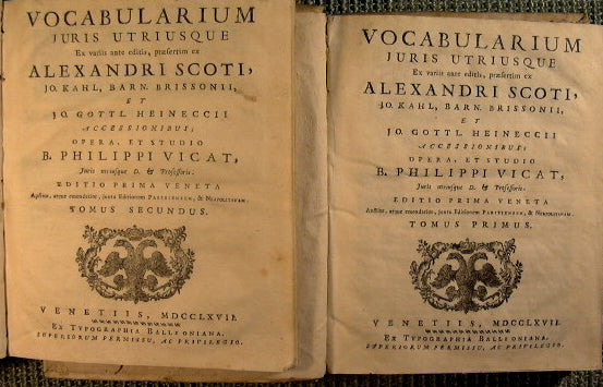 Vocabularium juris utriusque ex variis ante editis, praesertim ex alexandri scoti, jo. Kahl, barn. Brissonii, et jo. Gottl. Heineccii, accessionibus..