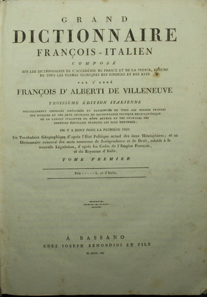 Gran diccionario francoise-italiano. Vol. yo