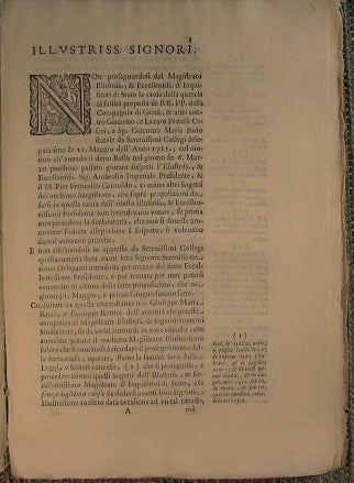 Voto de MM. Gioseppe maria Ricci e Gioseppe Bottini Consultori e relatione dell'illustriss. Signori Supremi Sindicatori fatta a sereniss. Collegi nella causa de carcerati