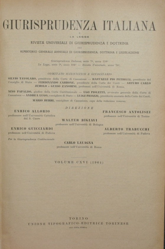 Italian jurisprudence. Vol. CXVI - Year 1964
