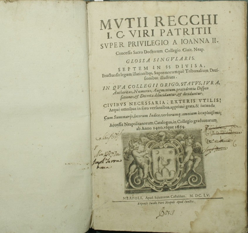 Mutii Recchi IC viri patritii Superprivilegio concedido a Ioanna II Sacro Doctorum Collegio Civit. Marea muerta. Glossa singularis septem en SS dividida