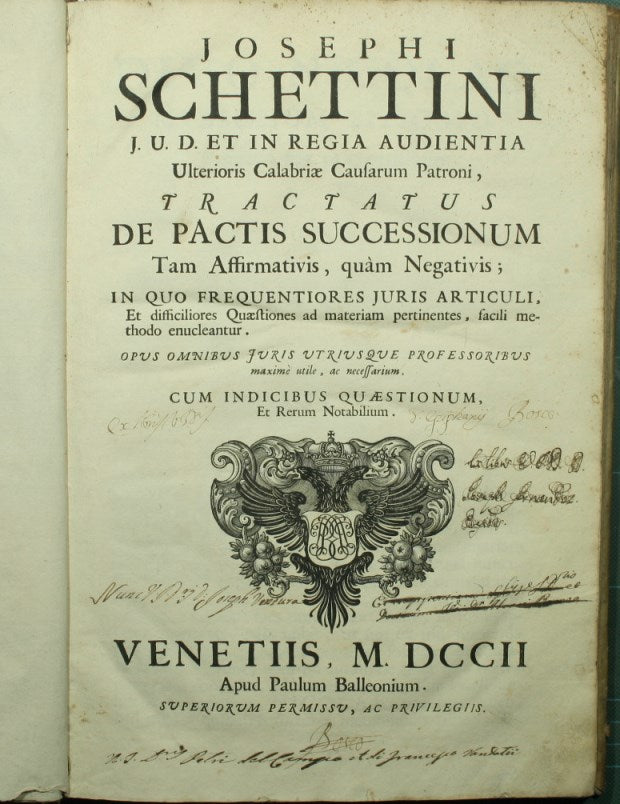 Josephi Schettini […] Tractatus de pactis successionum tam affirmativis, quam negativis