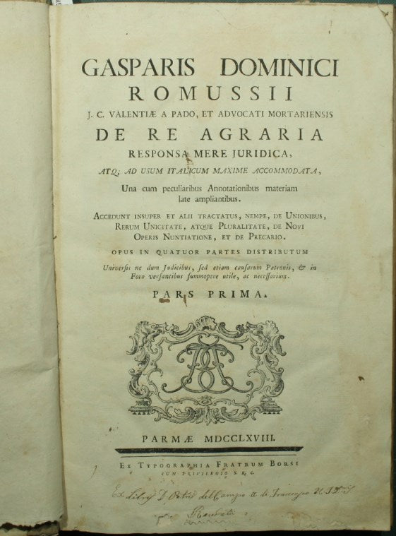 De re agraria responsa mere juridica, atque ad usum italicum maxime accommodata, una cum peculiaribus annotationibus materiam late ampliantibus