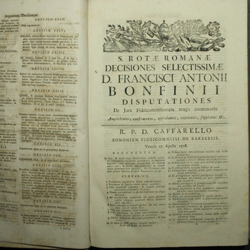 Sacrae Rotae Romanae Selectae decisiones quibus Francisci Antonii Bonfini […] De jure fideicommissorum magis controuerso disputationes firmantur, corriguntur, illustrantur
