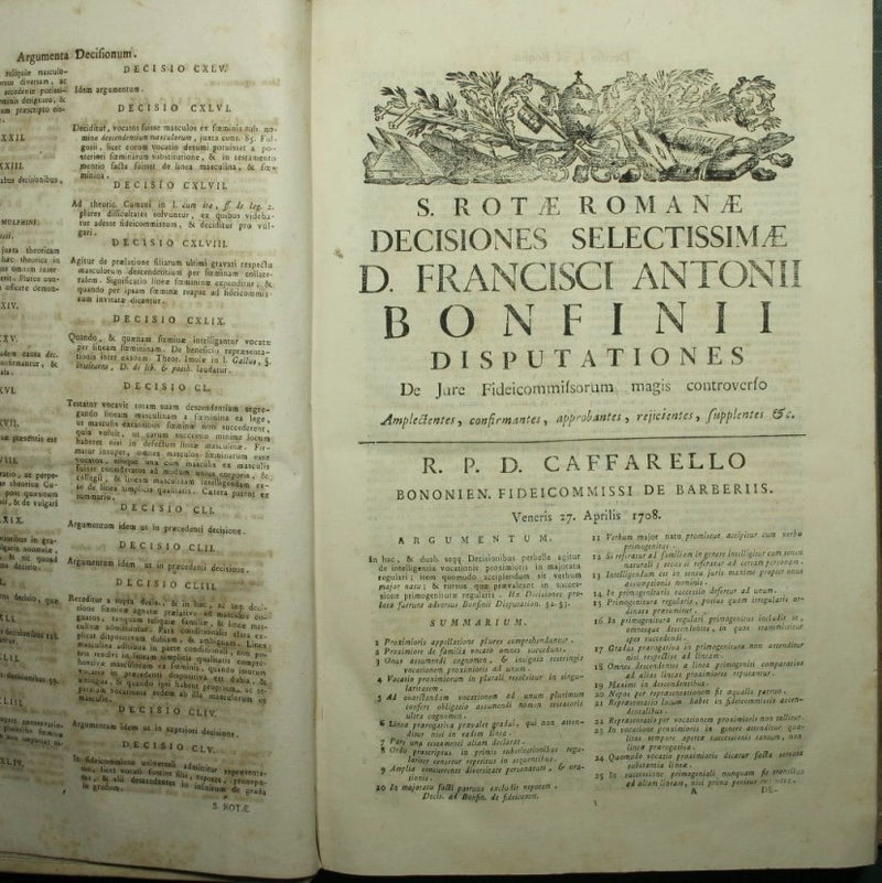 Sacrae Rotae Romanae Selectae decisiones quibus Francisci Antonii Bonfini […] De jure fideicommissorum magis controuerso disputationes firmantur, corriguntur, illustrantur