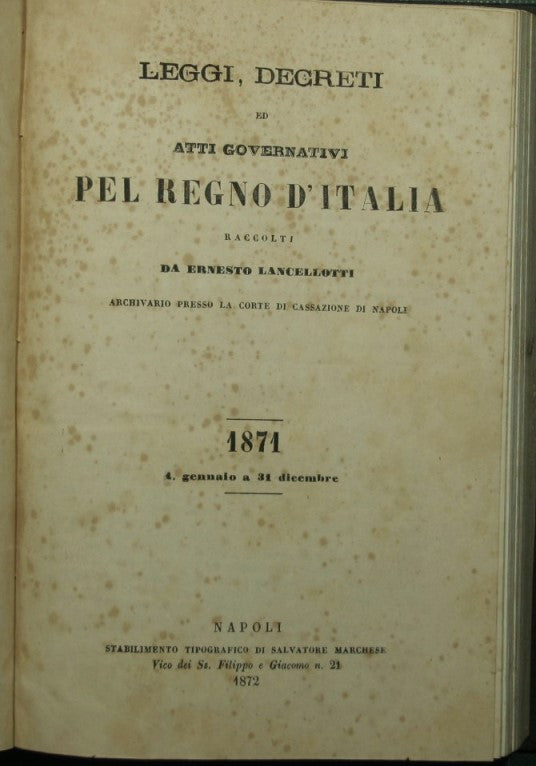 Leyes, decretos y actos gubernamentales del Reino de Italia. 1871