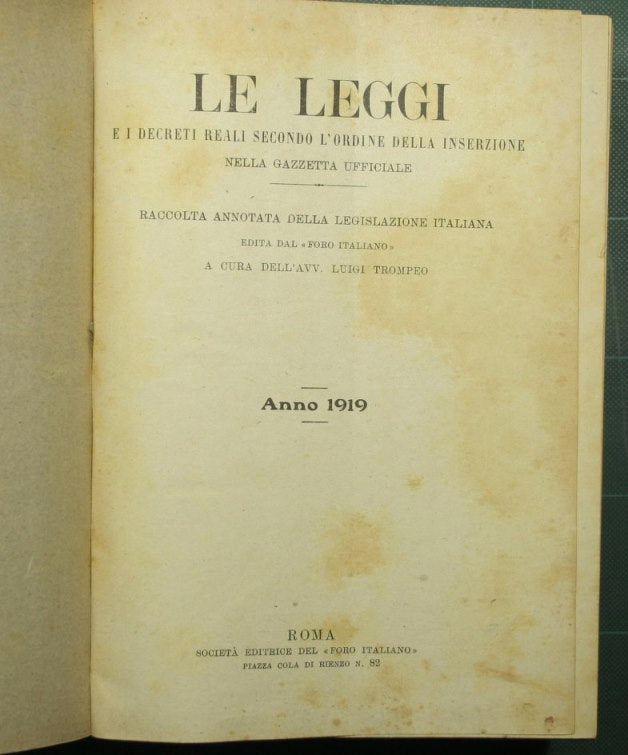 Le leggi e i decreti reali secondo l'ordine della inserzione nella Gazzetta Ufficiale. Anno 1919