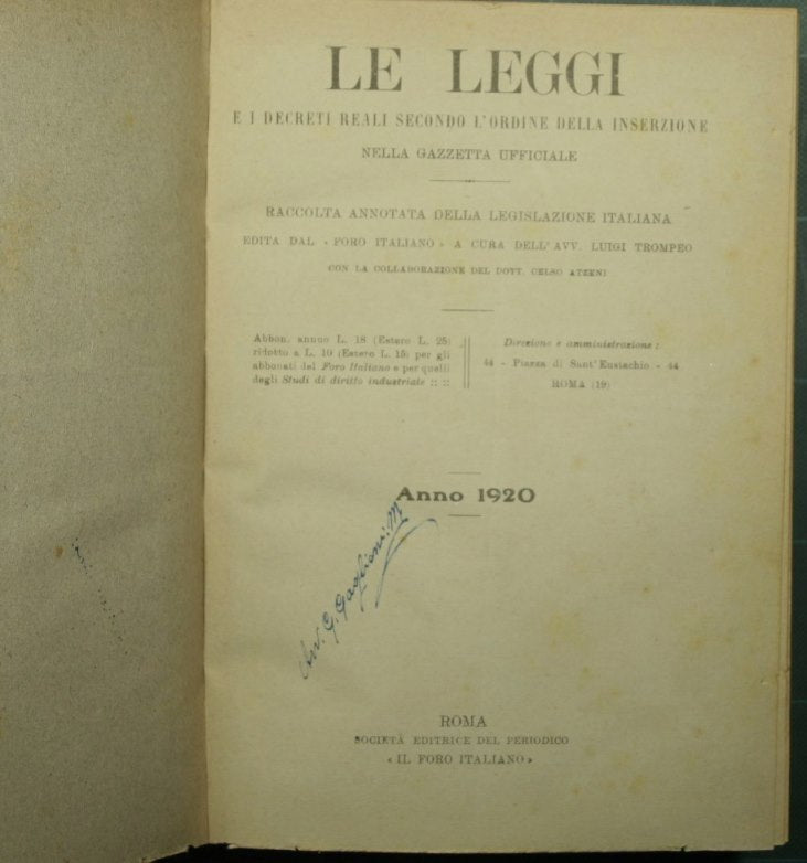 Le leggi e i decreti reali secondo l'ordine della inserzione nella Gazzetta Ufficiale. Anno 1920