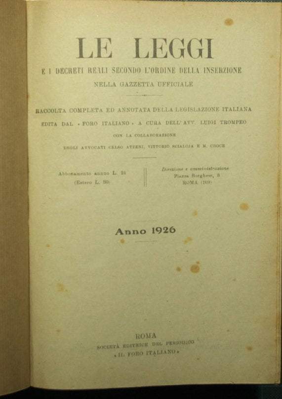 Le leggi e i decreti reali secondo l'ordine della inserzione nella Gazzetta Ufficiale. Anno 1926