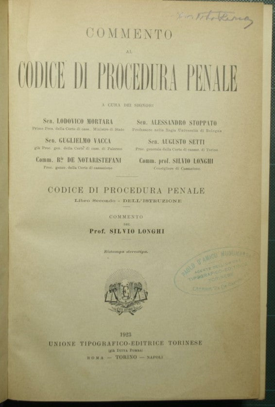 Commento al codice di procedura penale - Libro secondo - Dell'istruzione