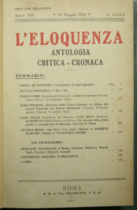 L'eloquenza - Anno XII - 20 Maggio/31 Dicembre 1922 - NN. 1/16