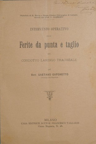 Intervento operativo nelle ferite da punta e taglio del condotto laringo tracheale