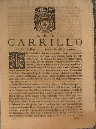 R. P. D. Carrillo, Bononein de Berois - Lunae 18. Feburuary 1641