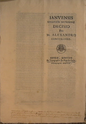 Ianuensis nullitatis matrimonii decisio pro M. Alexandro centuriono