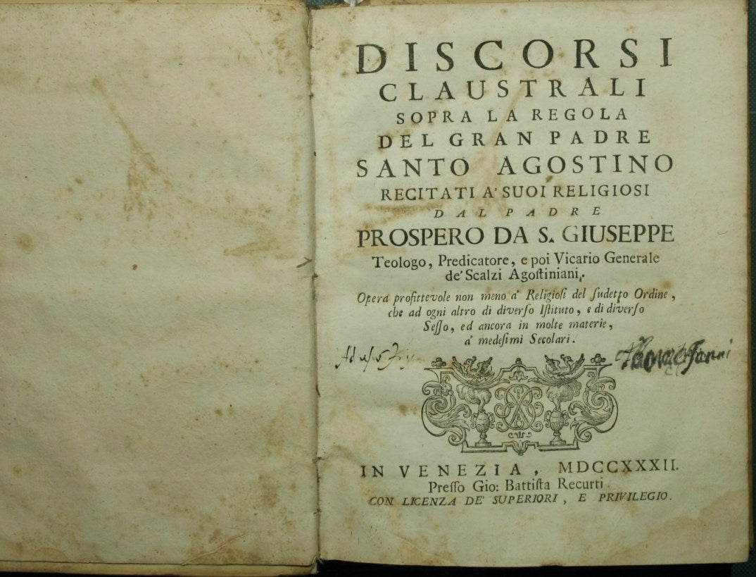Cloistered speeches on the rule of the great father Saint Augustine recited to his religious by father Prospero da S. Giuseppe