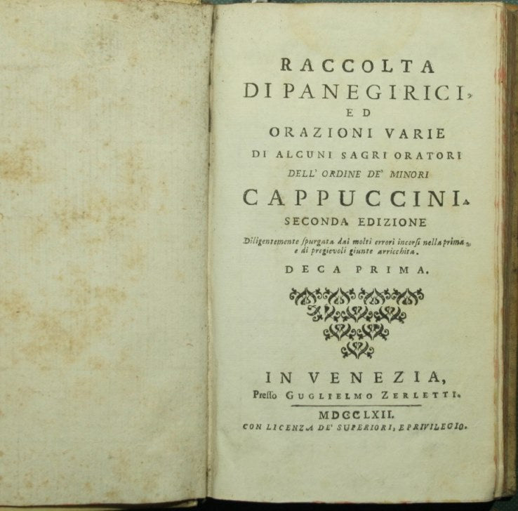 Raccolta di panegirici ed orazioni varie di alcuni sagri oratori dell'Ordine de' Minori Cappuccini