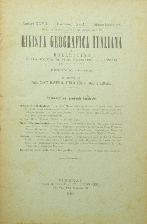 Rivista geografica italiana e bollettino della Società di studi geografici e coloniali. Settembre-Dicembre 1920